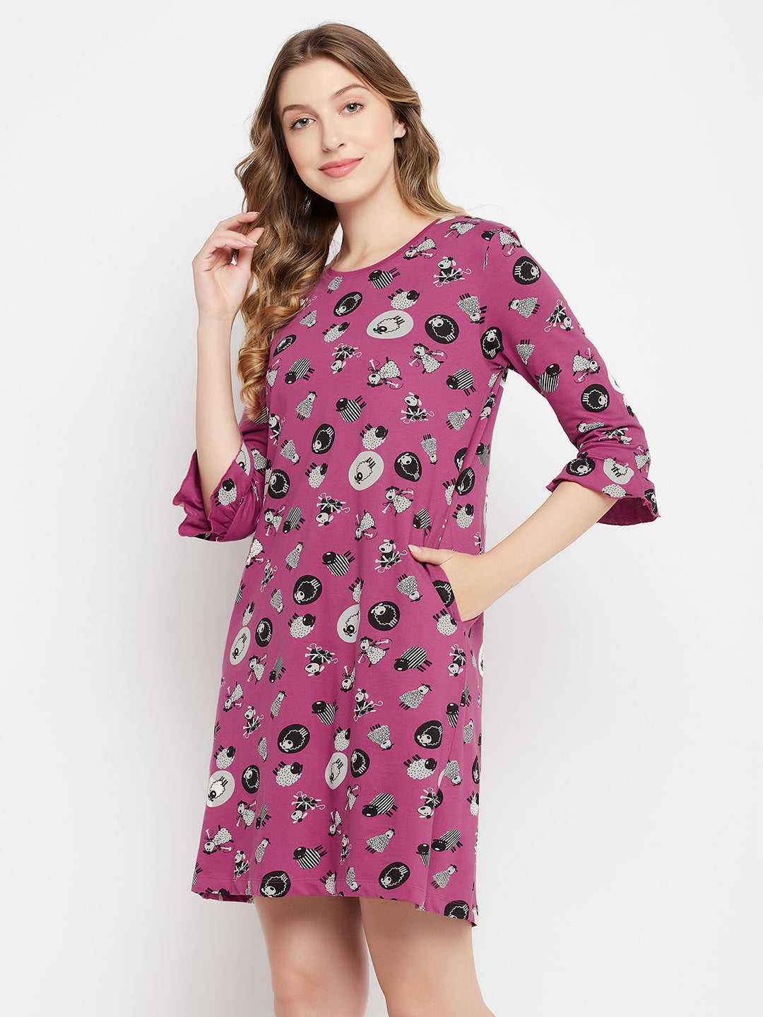 Mauve-Cotton-Sheep-Print-Short-Night-Dress