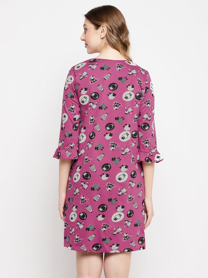 Mauve-Cotton-Sheep-Print-Short-Night-Dress