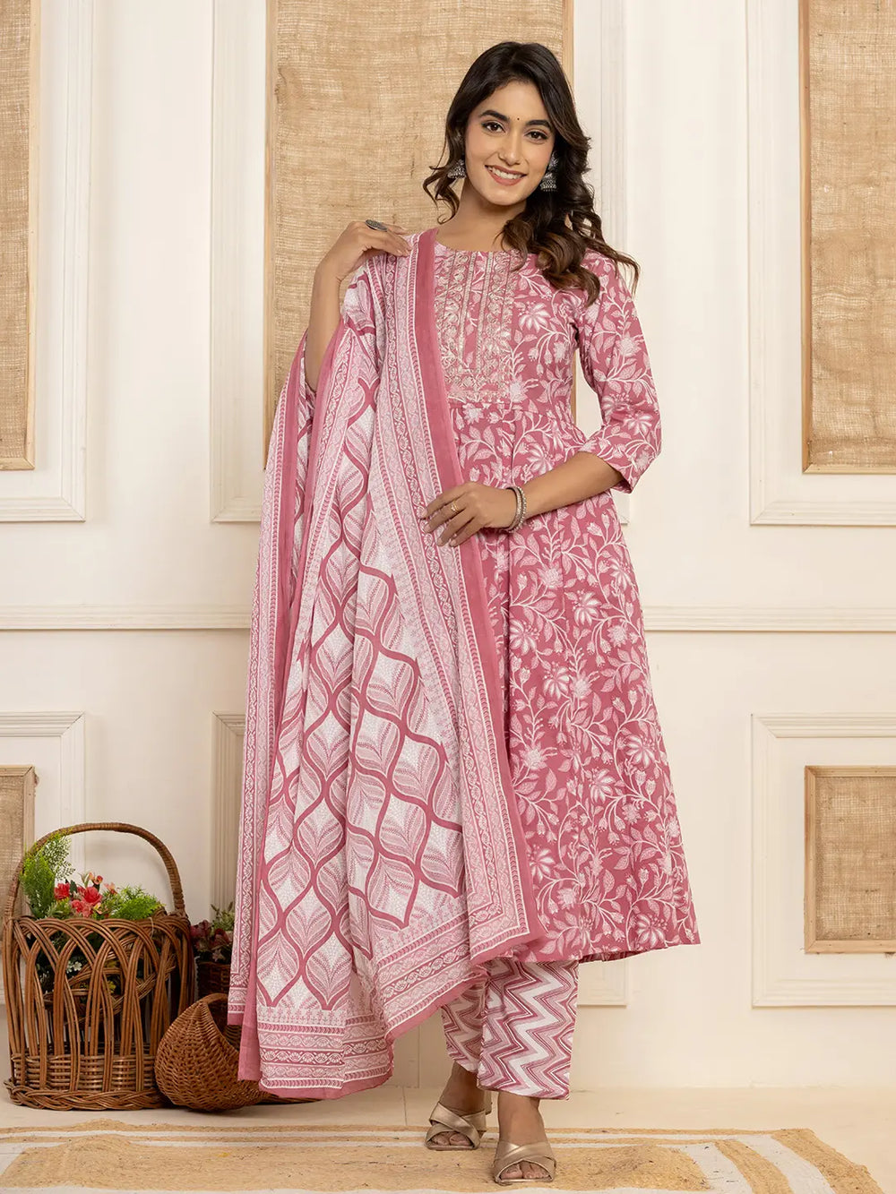 Mauve-Cotton-Floral-Print-Empire-Style-Anarkali-Set