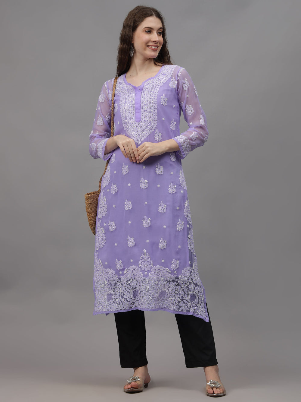 Mauve-Georgette-Embroidery-Chikankari-Kurti-With-Slip