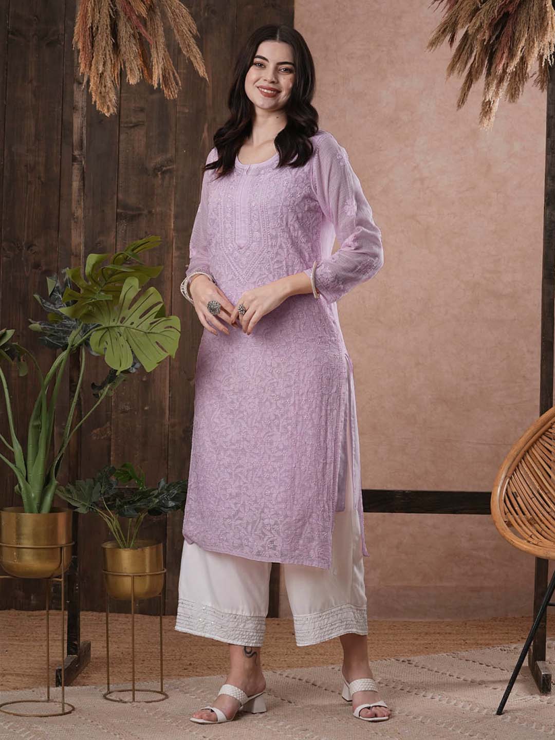 Mauve-Kota-Handloom-Embroidered-Chikankari-Kurta-With-Matching-Slip