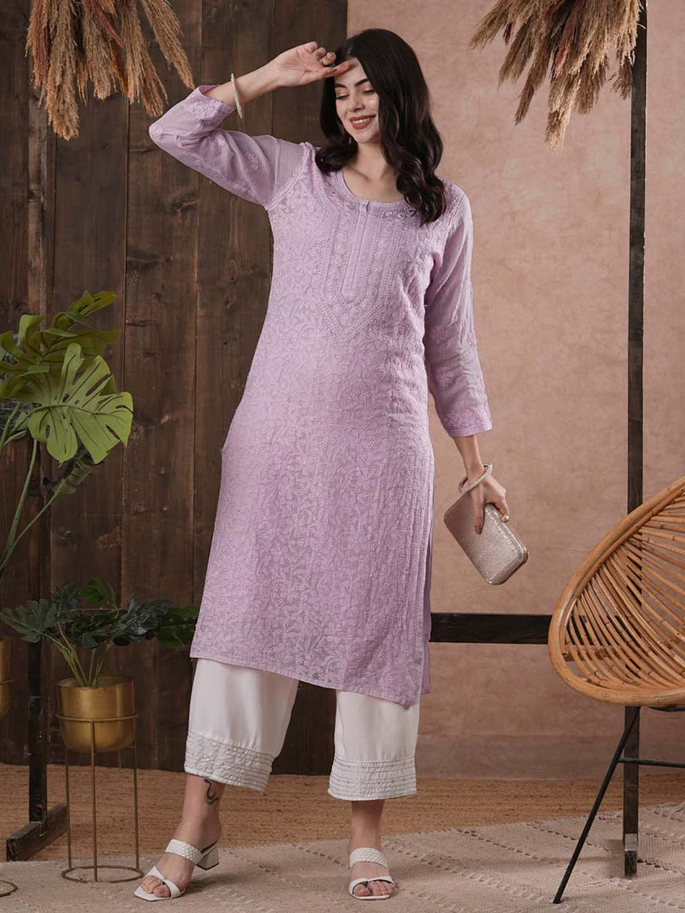 Mauve-Kota-Handloom-Embroidered-Chikankari-Kurta-With-Matching-Slip