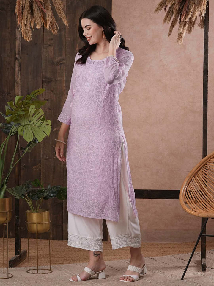 Mauve-Kota-Handloom-Embroidered-Chikankari-Kurta-With-Matching-Slip