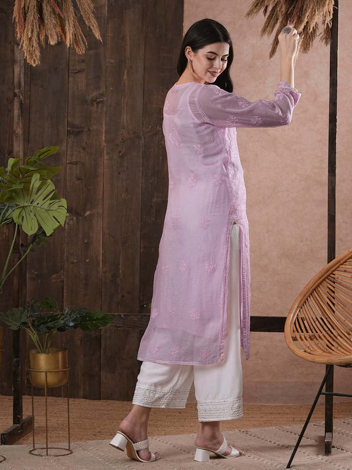 Mauve-Kota-Handloom-Embroidered-Chikankari-Kurta-With-Matching-Slip