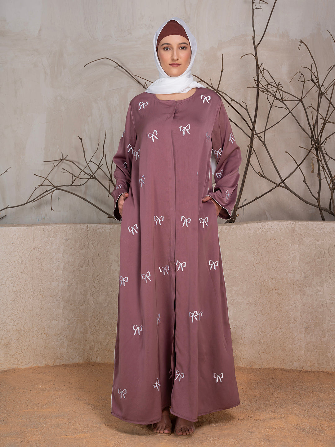 Mauve Polyester Tik Tok Fabric Bow Embroidered Abaya With Scarf