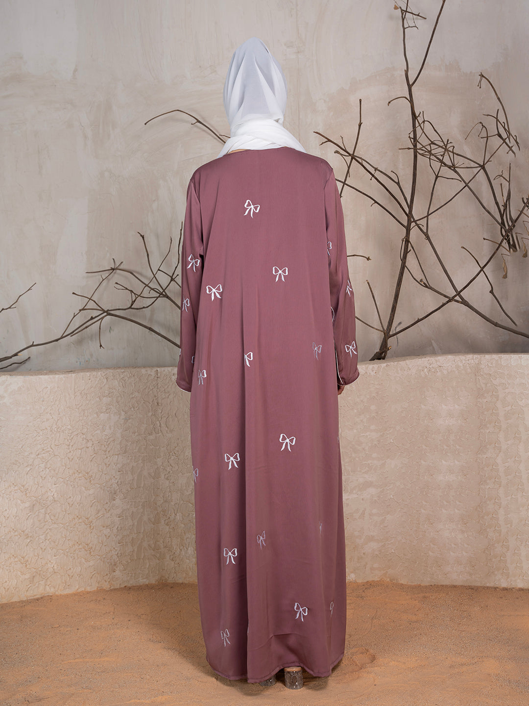 Mauve Polyester Tik Tok Fabric Bow Embroidered Abaya With Scarf