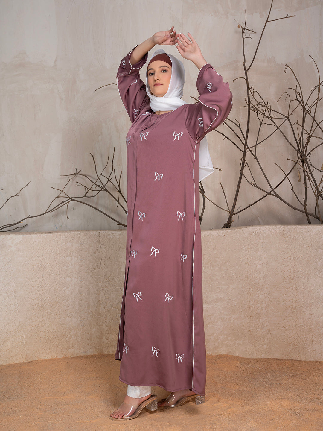 Mauve Polyester Tik Tok Fabric Bow Embroidered Abaya With Scarf