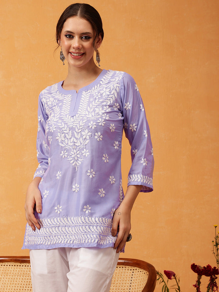 Mauve & White Authentic Muslin Chikankari Tunic