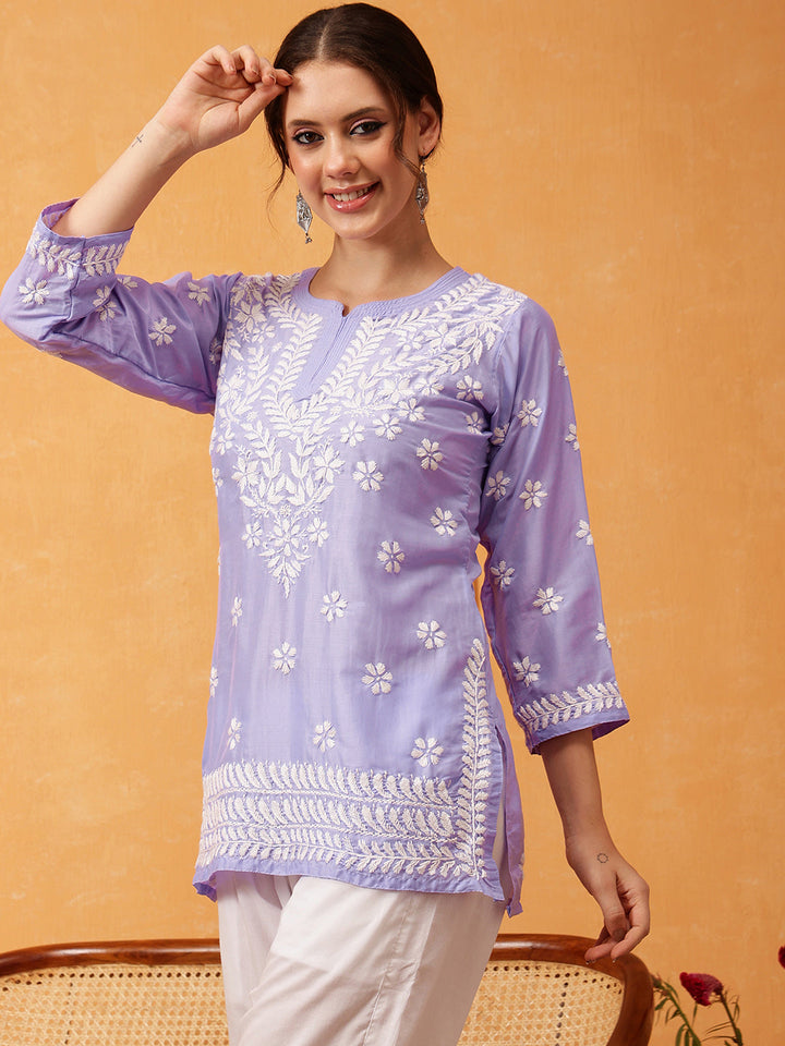 Mauve & White Authentic Muslin Chikankari Tunic