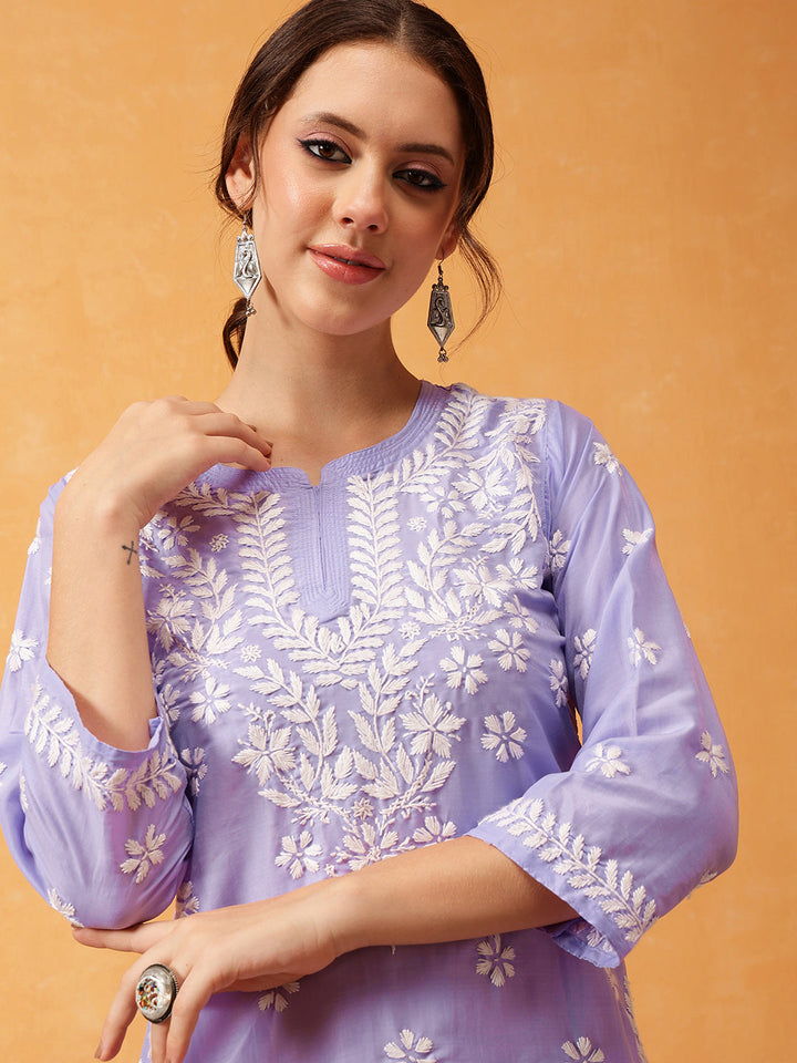 Mauve & White Authentic Muslin Chikankari Tunic