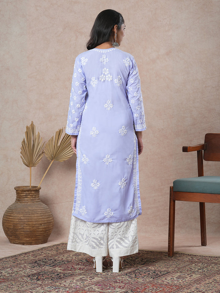 Mauve-&-White-Cotton-Floral-Notch-Neck-Chikankari-Kurta