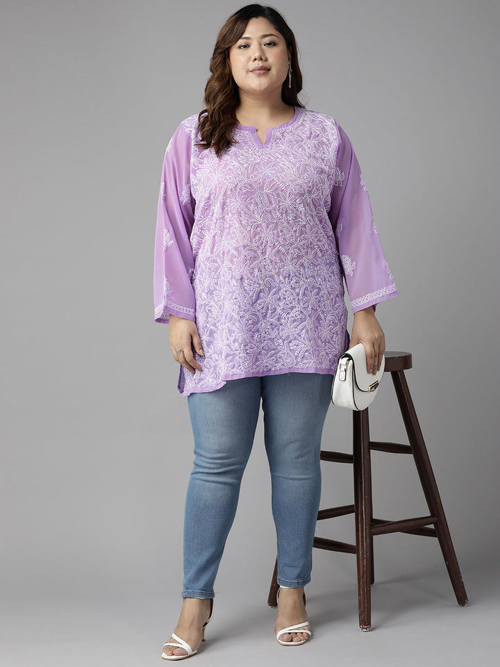 Mauve-&-White-Poly-Georgette-Embroidered-Chikankari-Kurti