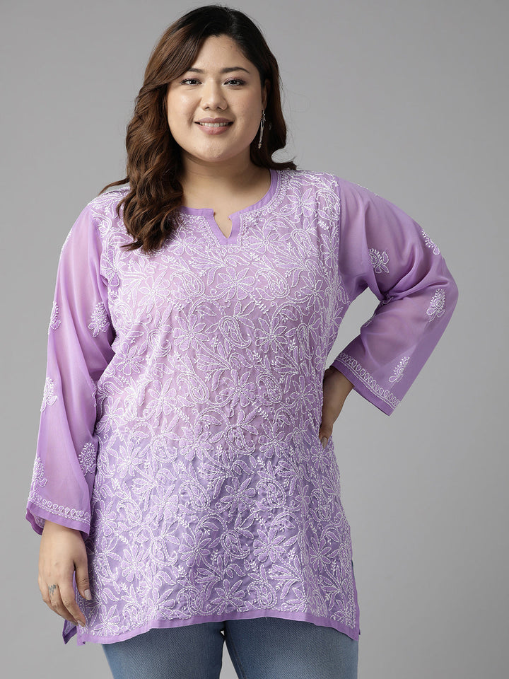 Mauve-&-White-Poly-Georgette-Embroidered-Chikankari-Kurti