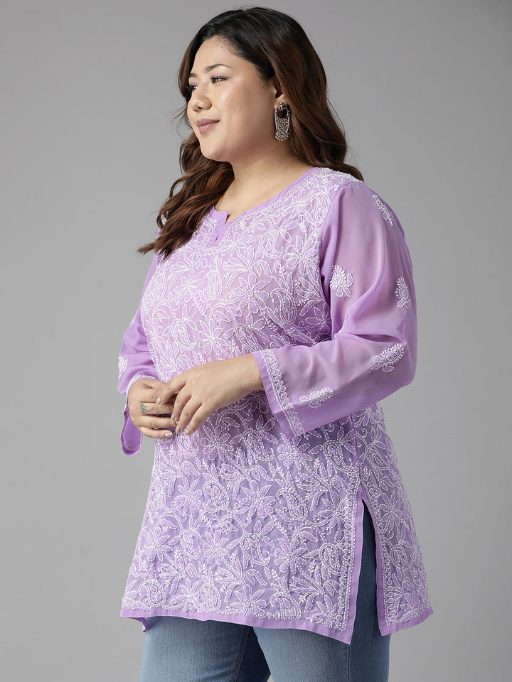 Mauve-&-White-Poly-Georgette-Embroidered-Chikankari-Kurti