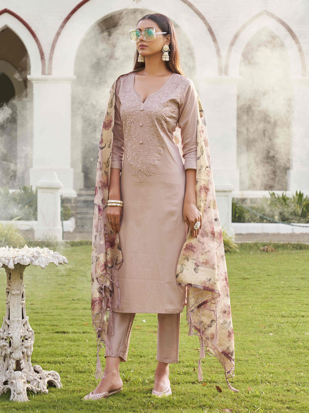 Mauve-Cotton-Embroidery-Kurta-With-Organza-Dupatta