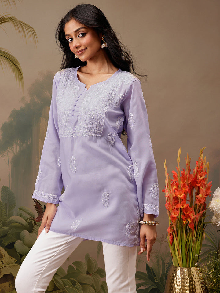 Mauve Cotton 100% Original Chikankari Tunic Top
