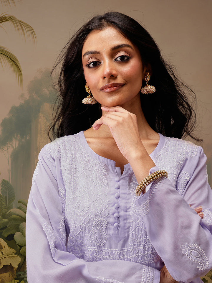 Mauve Cotton 100% Original Chikankari Tunic Top