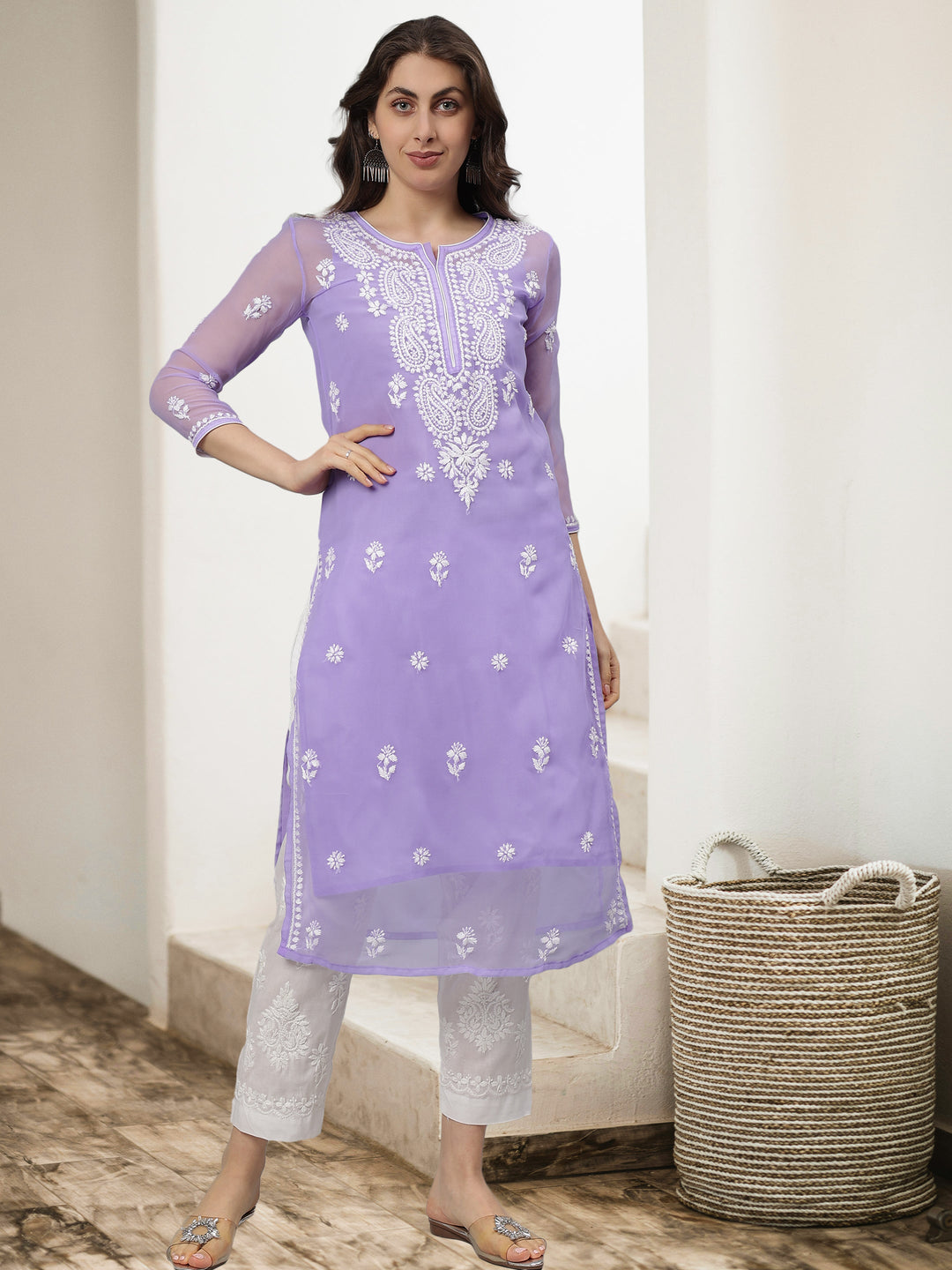 Mauve-Georgette-Embroidered-Chikankari-Kurta-With-Slip