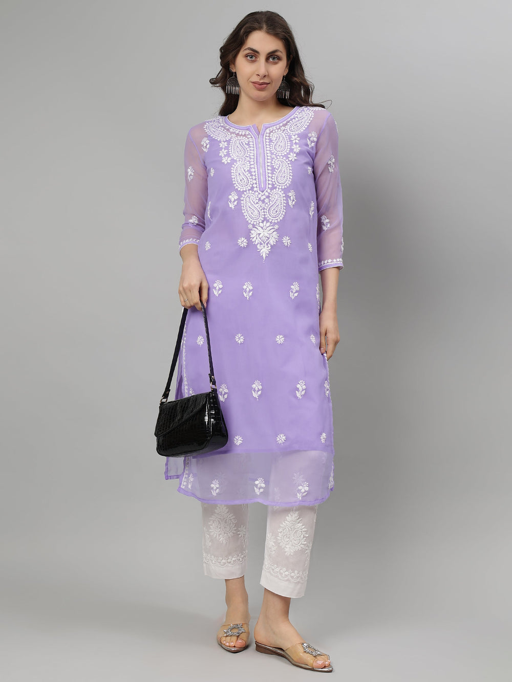 Mauve-Georgette-Embroidered-Chikankari-Kurta-With-Slip