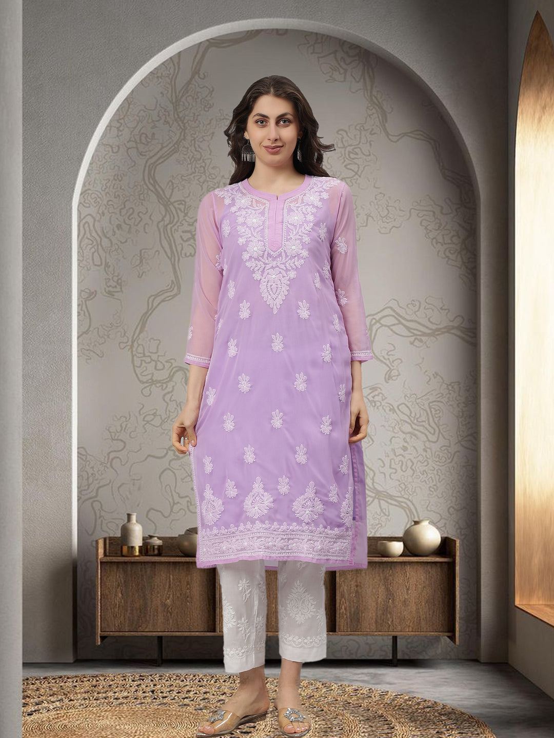 Mauve-Georgette-Hand-Embroidered-Chikankari-Kurta-With-Slip