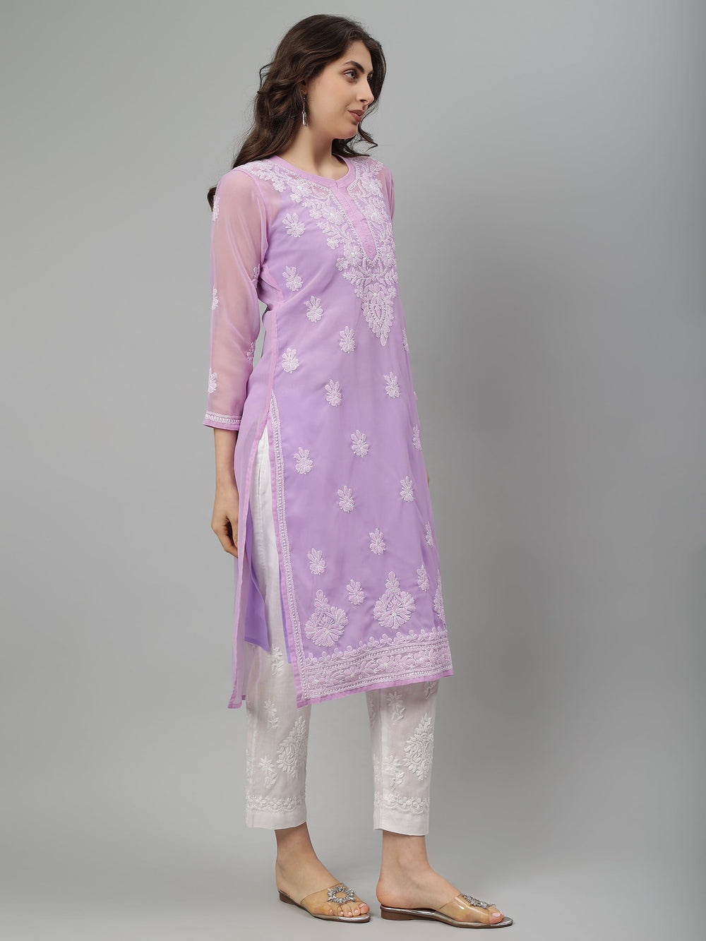 Mauve-Georgette-Hand-Embroidered-Chikankari-Kurta-With-Slip