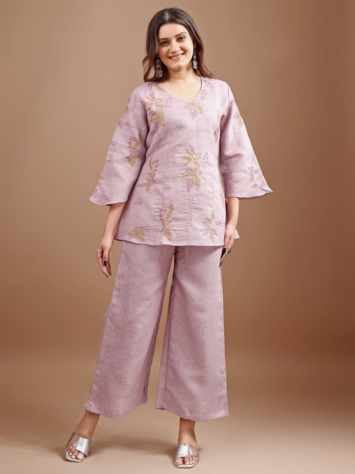 Mauve-Linen-Embroidered-Co-Ord-Set