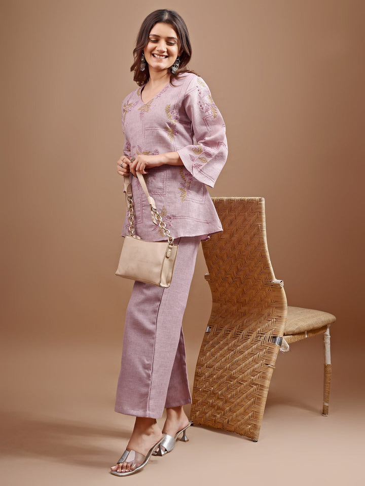 Mauve-Linen-Embroidered-Co-Ord-Set