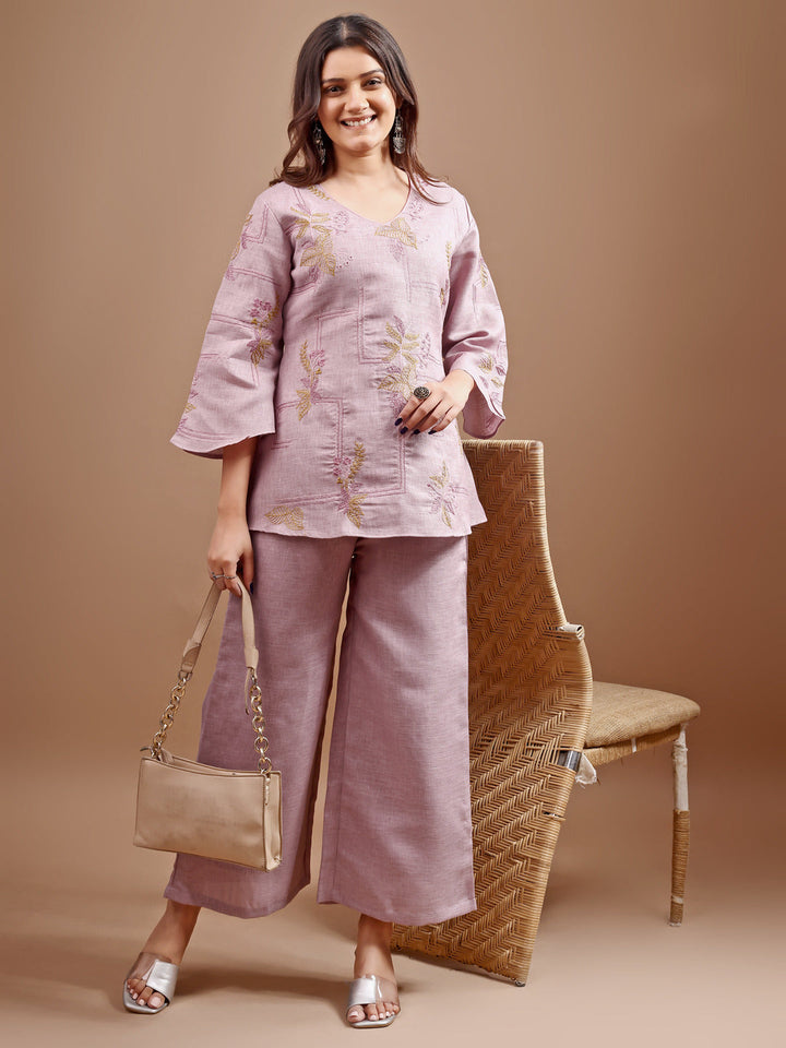 Mauve-Linen-Embroidered-Co-Ord-Set