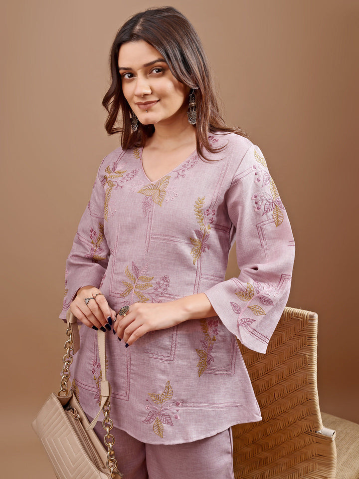 Mauve-Linen-Embroidered-Co-Ord-Set