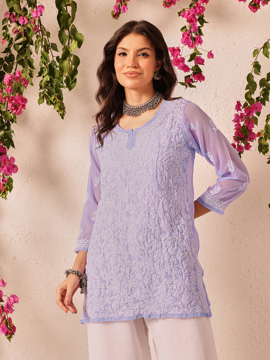 Mauve-Poly-Georgette-Lucknowi-Chikankari-Short-Kurta-ONLY