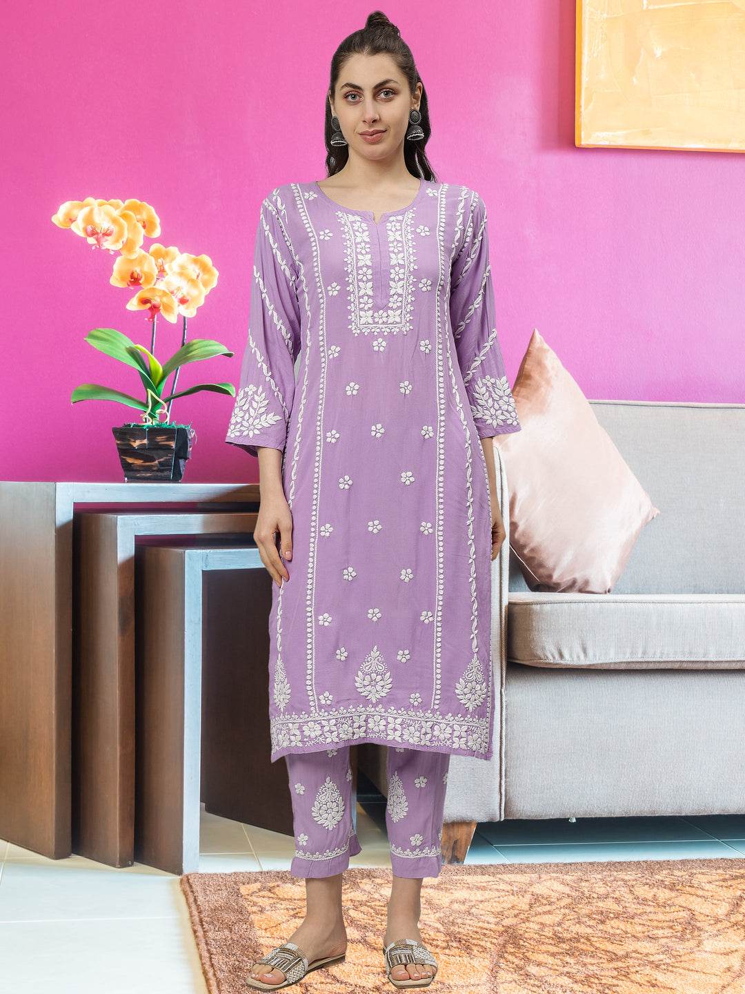 Mauve-Rayon-Lucknowi-Chikankari-Kurta-with-Pant-Set