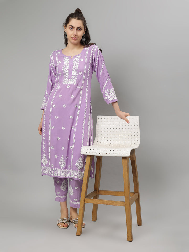 Mauve-Rayon-Lucknowi-Chikankari-Kurta-with-Pant-Set