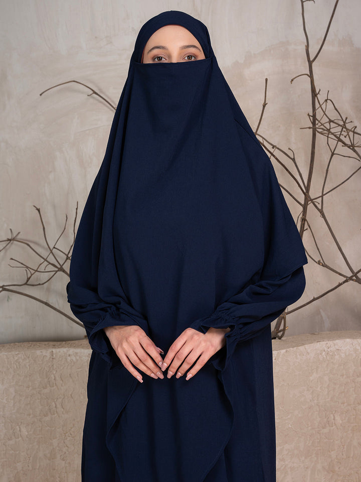 Midnight Blue Crushed Fabric Abaya With Khimar