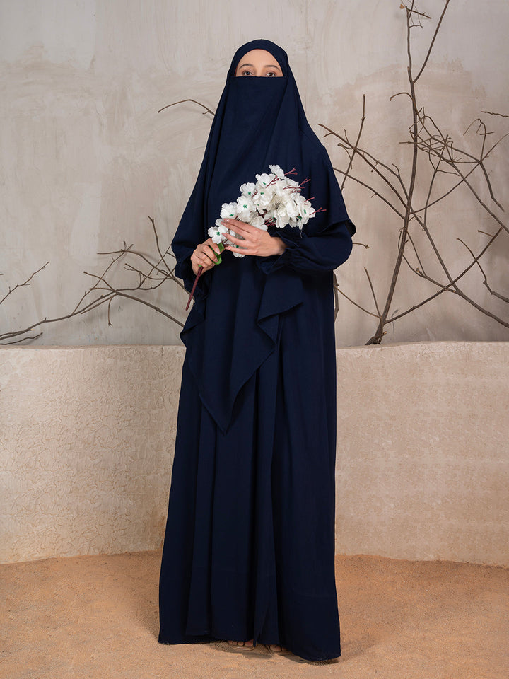 Midnight Blue Crushed Fabric Abaya With Khimar