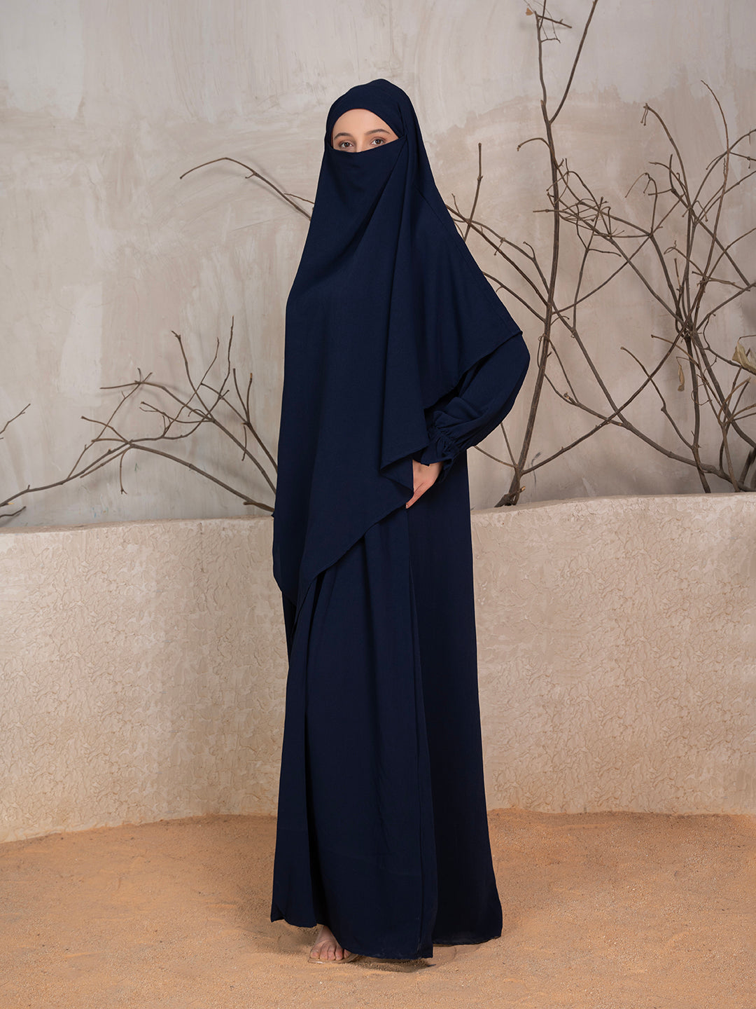 Midnight Blue Crushed Fabric Abaya With Khimar