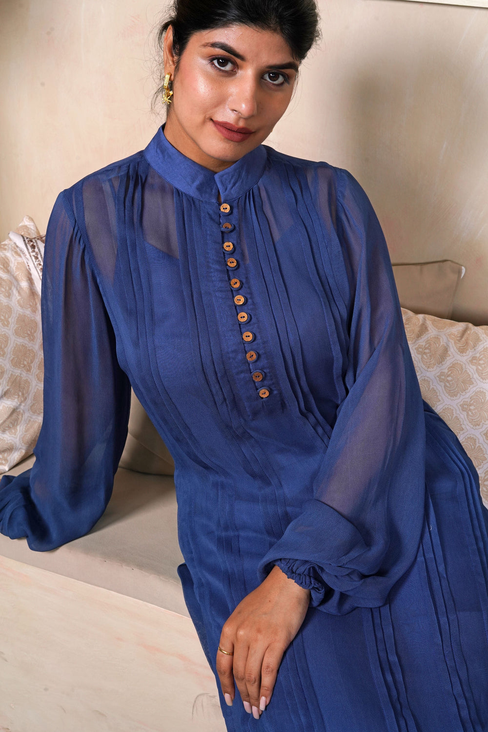 Midnight-Blue-Georgette-Balloon Sleeves-Co-Ord-Set