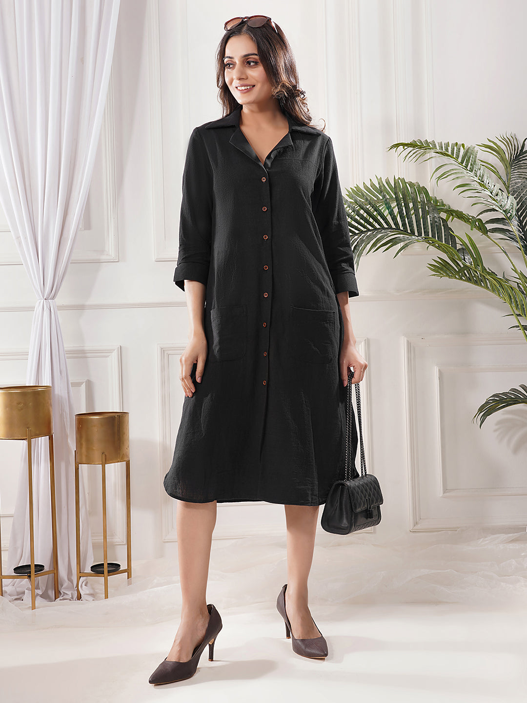 Black Cotton Handwoven Kala Midi Dress