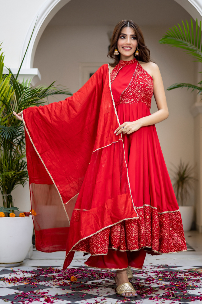 Milonee-Red-Rayon-Bandhani-Suit-Set