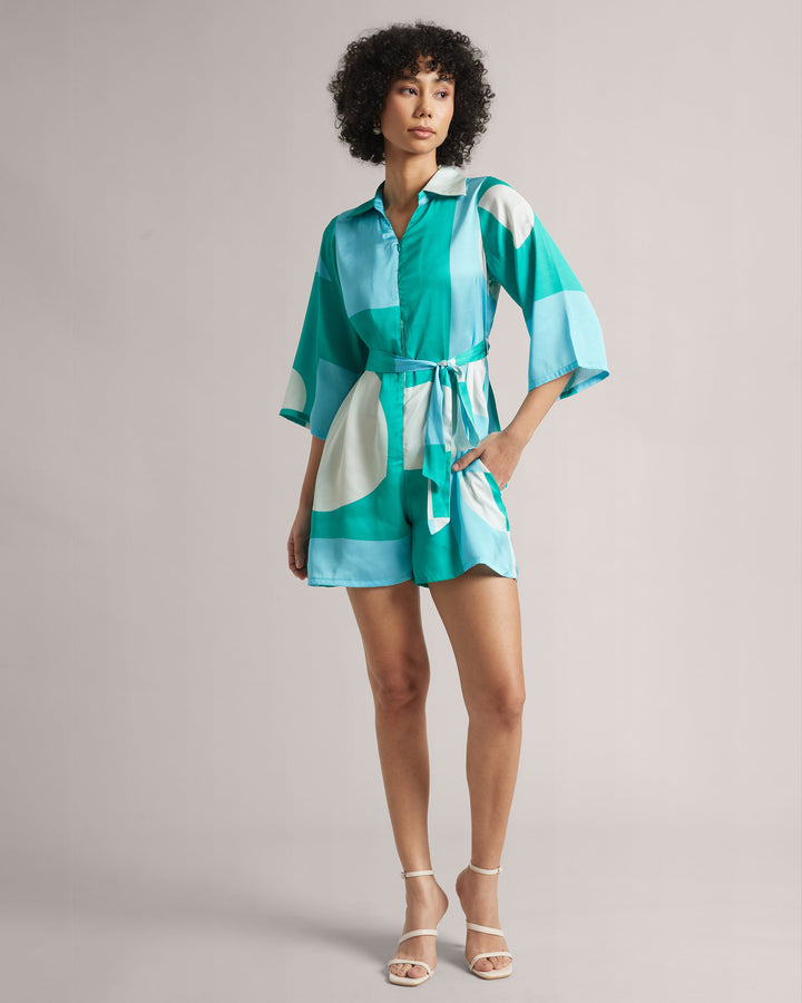 Mint Blue Satin Abstract Print Mini Playsuit