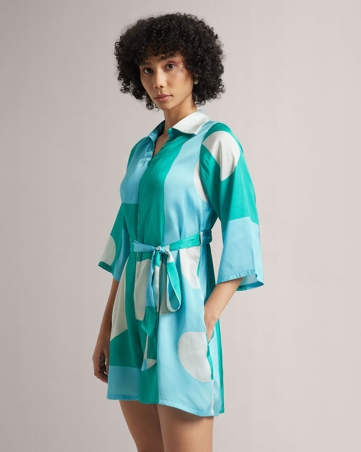 Mint Blue Satin Abstract Print Mini Playsuit