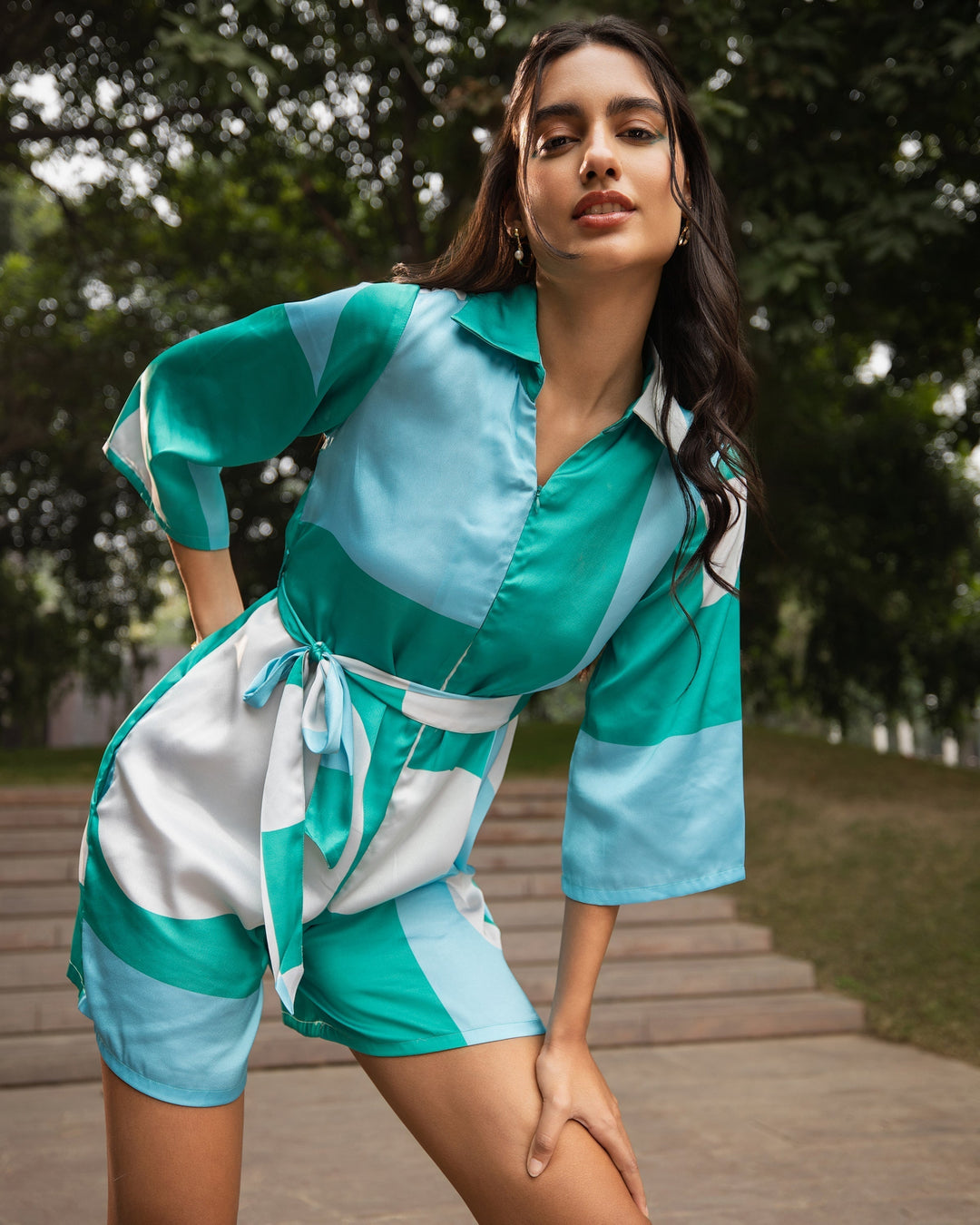 Mint Blue Satin Abstract Print Mini Playsuit