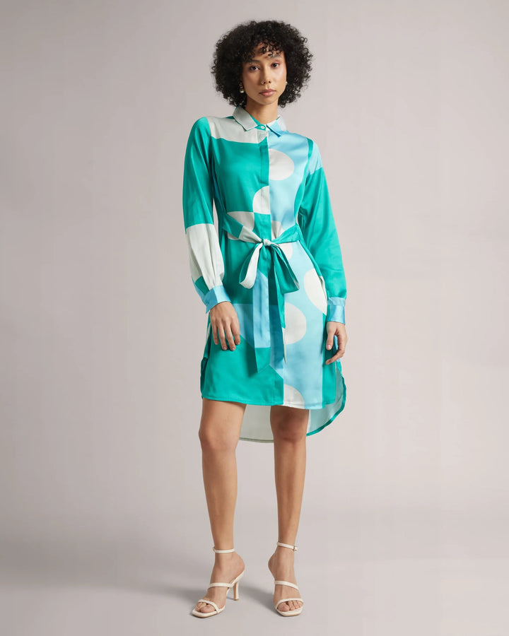 Mint Blue Satin Abstract Print Shirt Style Mini Dress