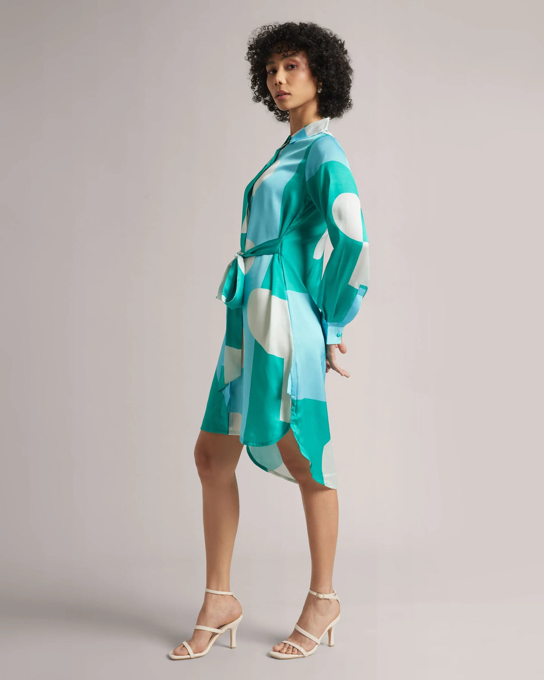 Mint Blue Satin Abstract Print Shirt Style Mini Dress