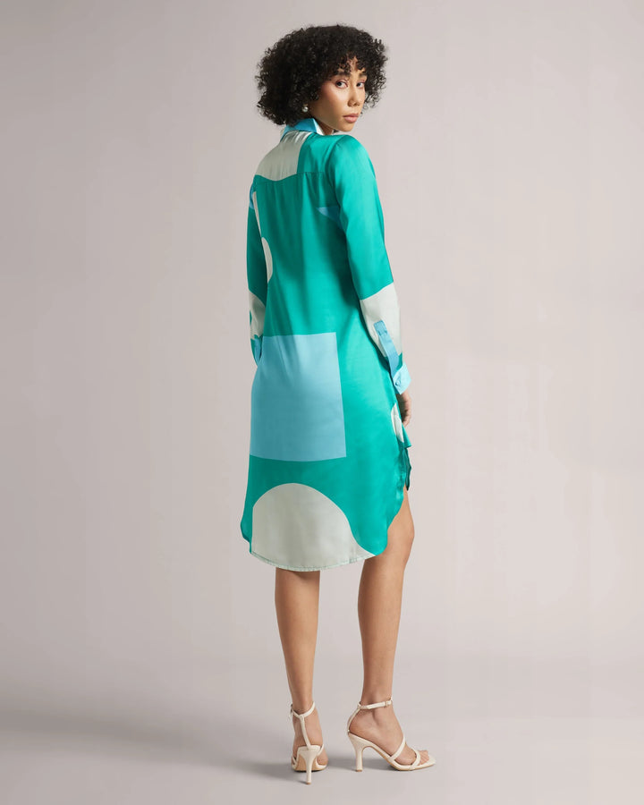 Mint Blue Satin Abstract Print Shirt Style Mini Dress