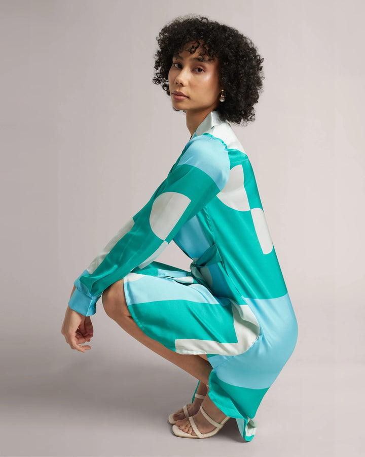 Mint Blue Satin Abstract Print Shirt Style Mini Dress