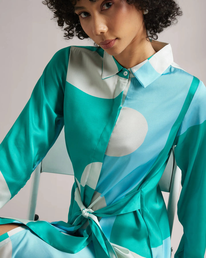 Mint Blue Satin Abstract Print Shirt Style Mini Dress