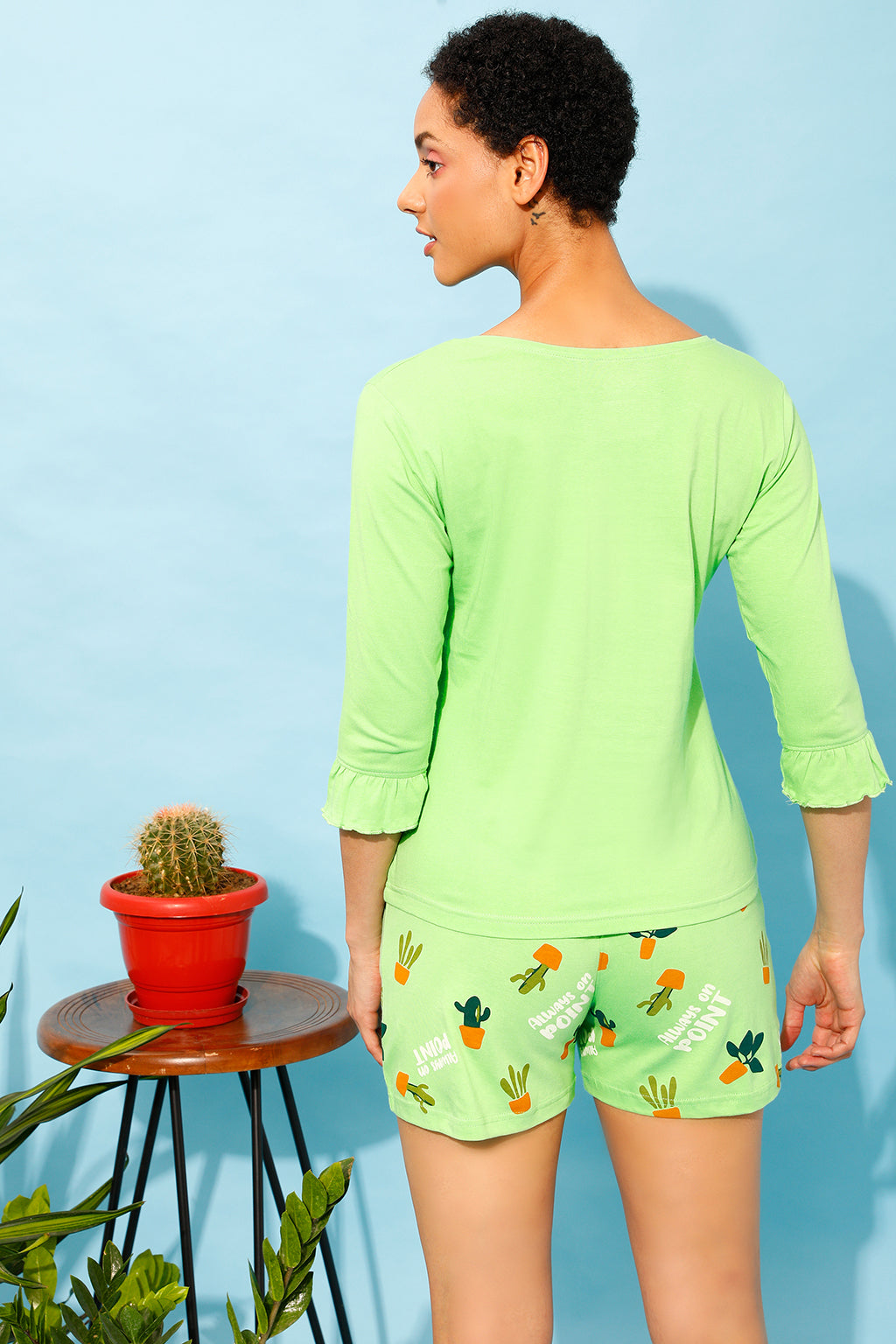 Mint-Green-Cotton-Chic-Basic-Top-&-Cactus-Print-Shorts-Set