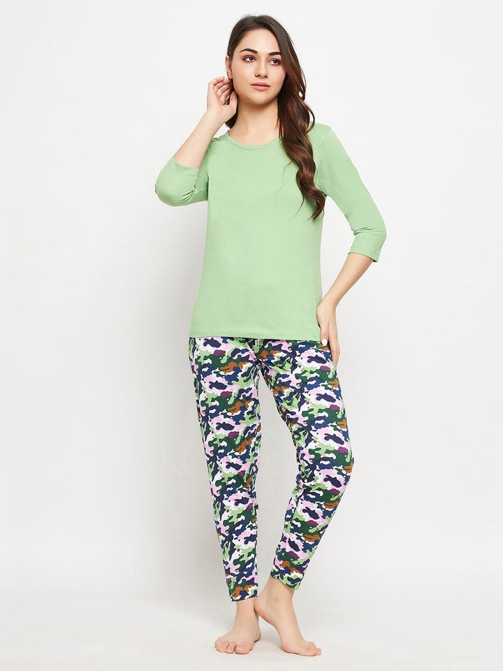 Mint-Green-Cotton-Chic-Basic-Top-&-Camouflage-Print-Pyjama