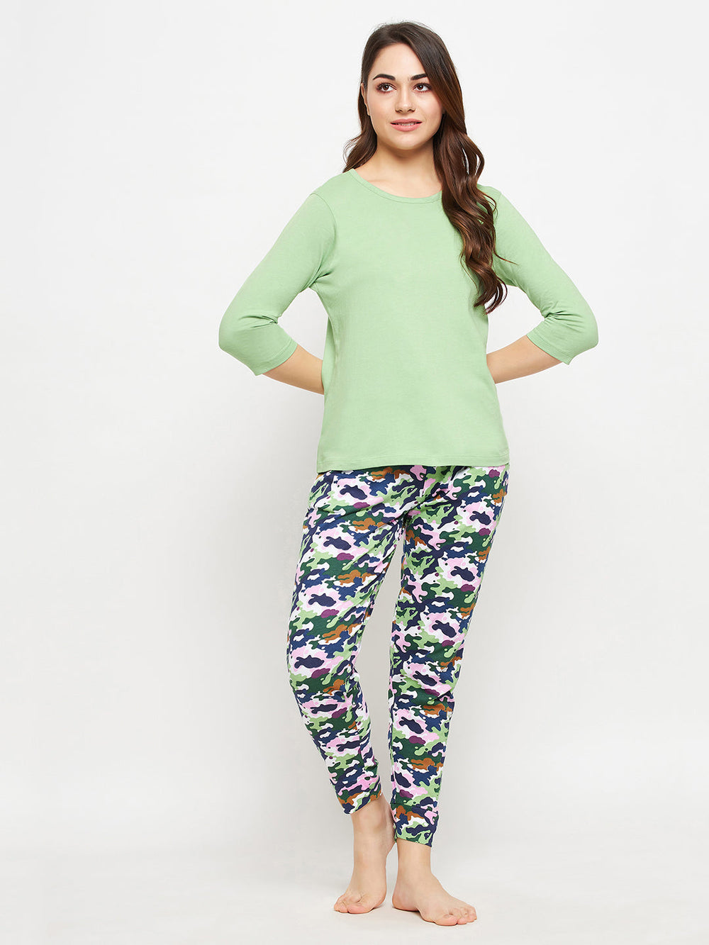 Mint-Green-Cotton-Chic-Basic-Top-&-Camouflage-Print-Pyjama