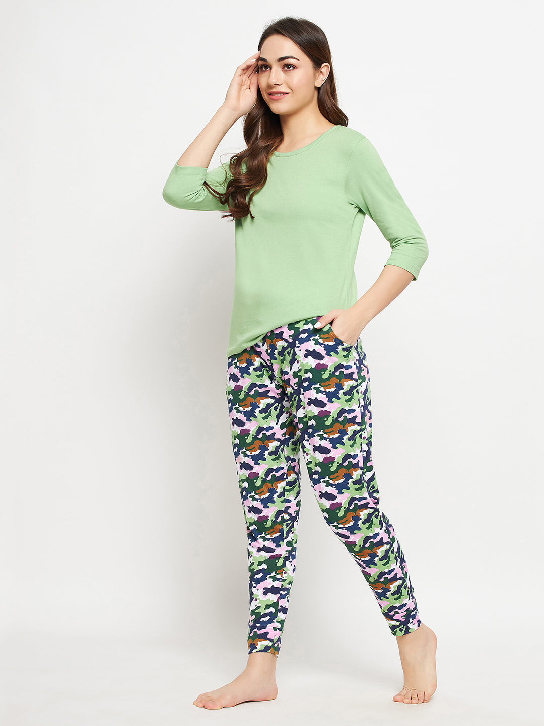 Mint-Green-Cotton-Chic-Basic-Top-&-Camouflage-Print-Pyjama